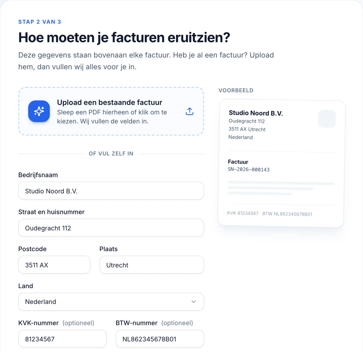 Bedrijfsgegevens automatisch invullen door een bestaande factuur te uploaden
