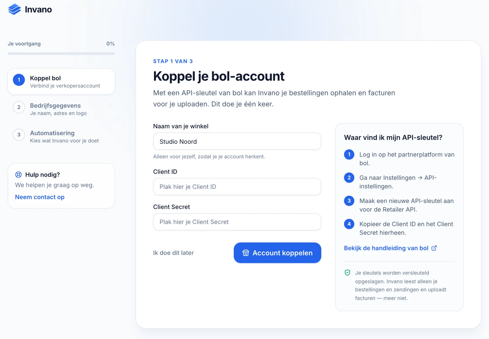 De installatiewizard van Invano, stap 1: je bol-account koppelen met uitleg waar je de API-sleutel vindt